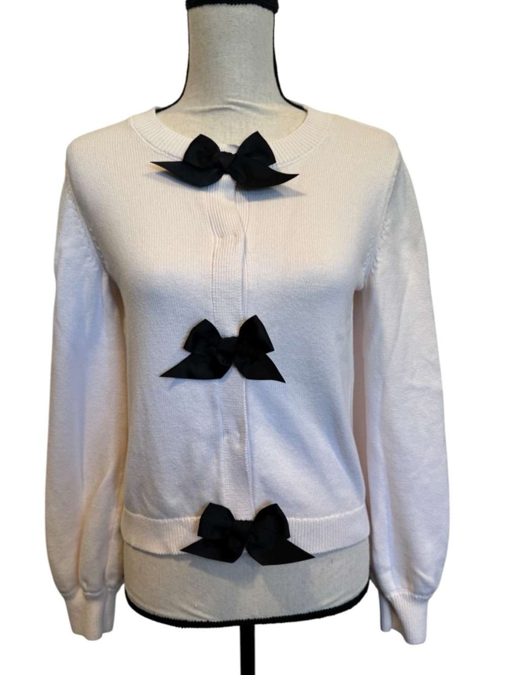 LOFT Cream Cotton Crewneck Bow Front Cardigan Size Small